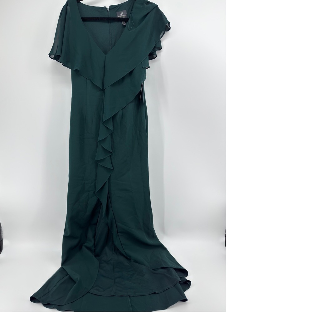 Adrianna Papell Hunter Green Crepe Chiffon Ruffle Gown Dress Size 2